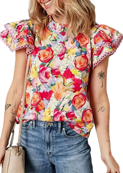 Women's Printed Shirt Stand Collar Butterfly Sleeve 0