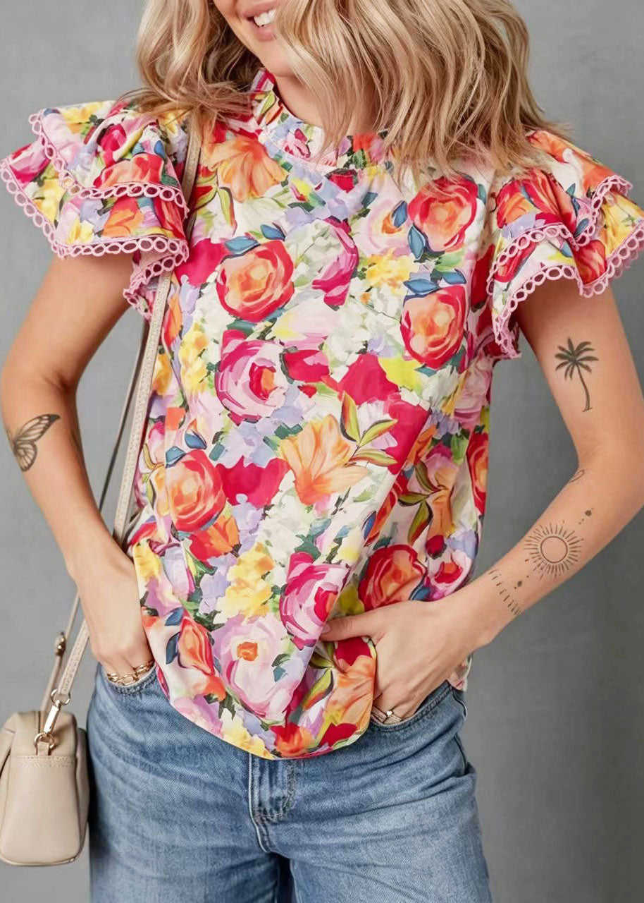 Women's Printed Shirt Stand Collar Butterfly Sleeve 1