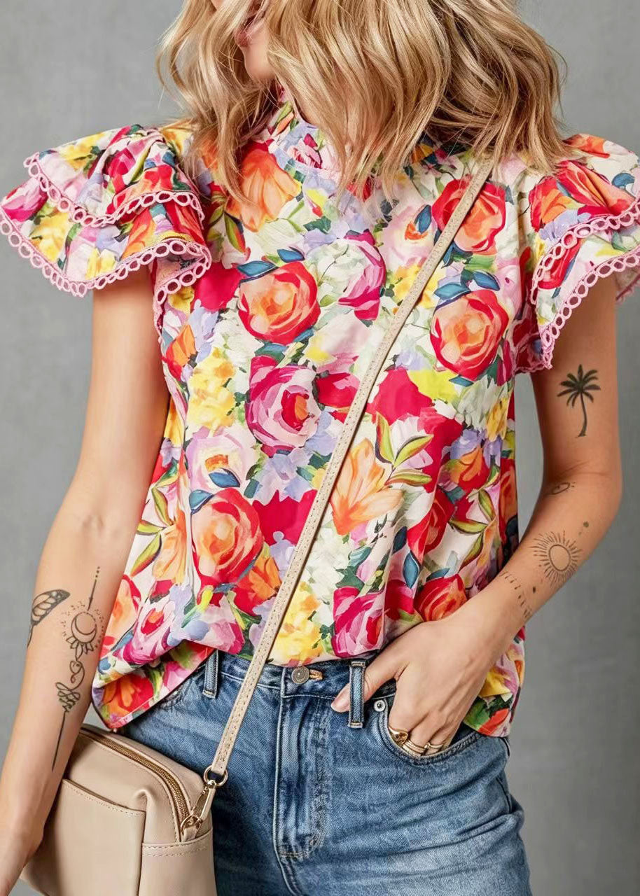 Women's Printed Shirt Stand Collar Butterfly Sleeve 2