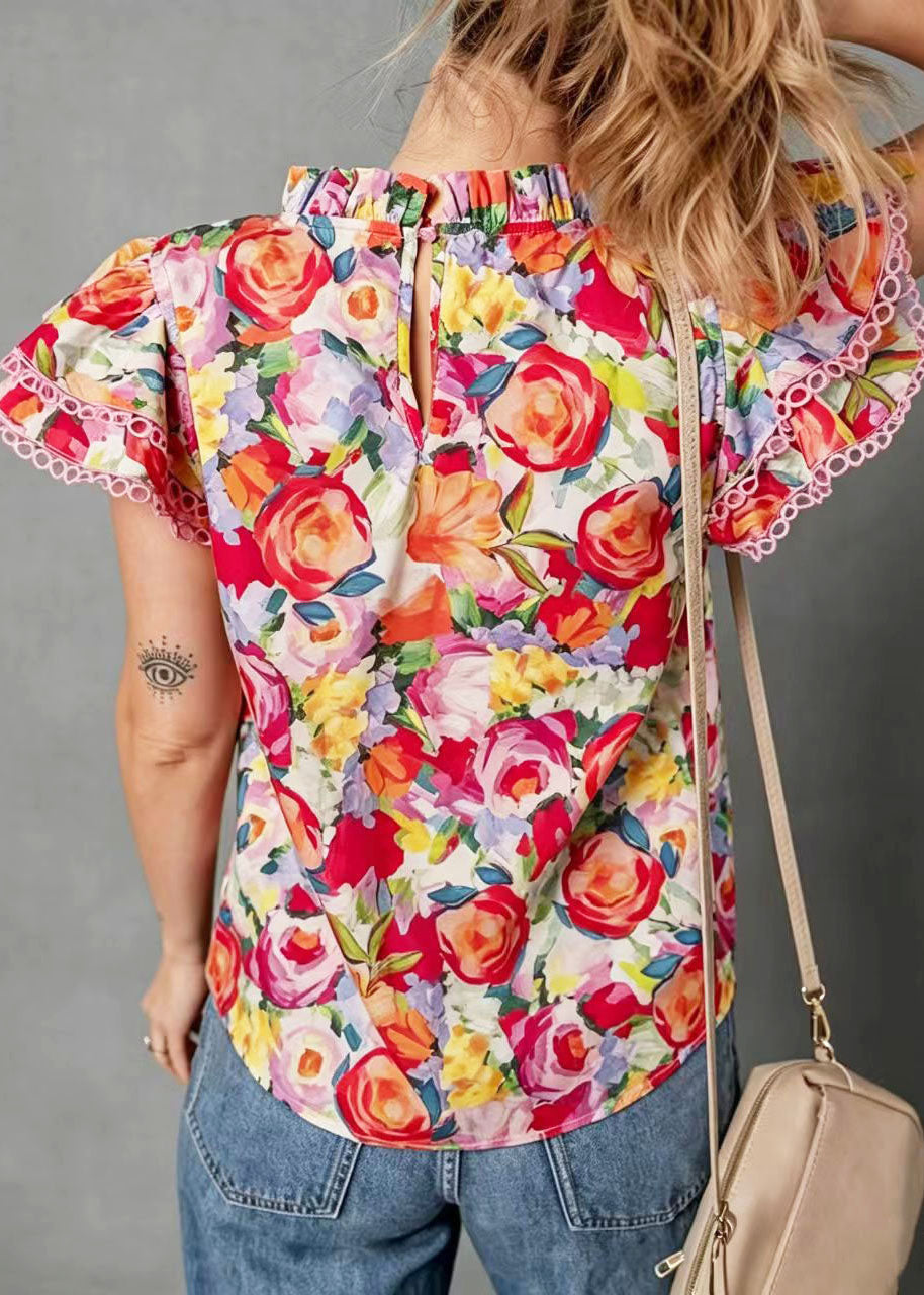 Women's Printed Shirt Stand Collar Butterfly Sleeve 3