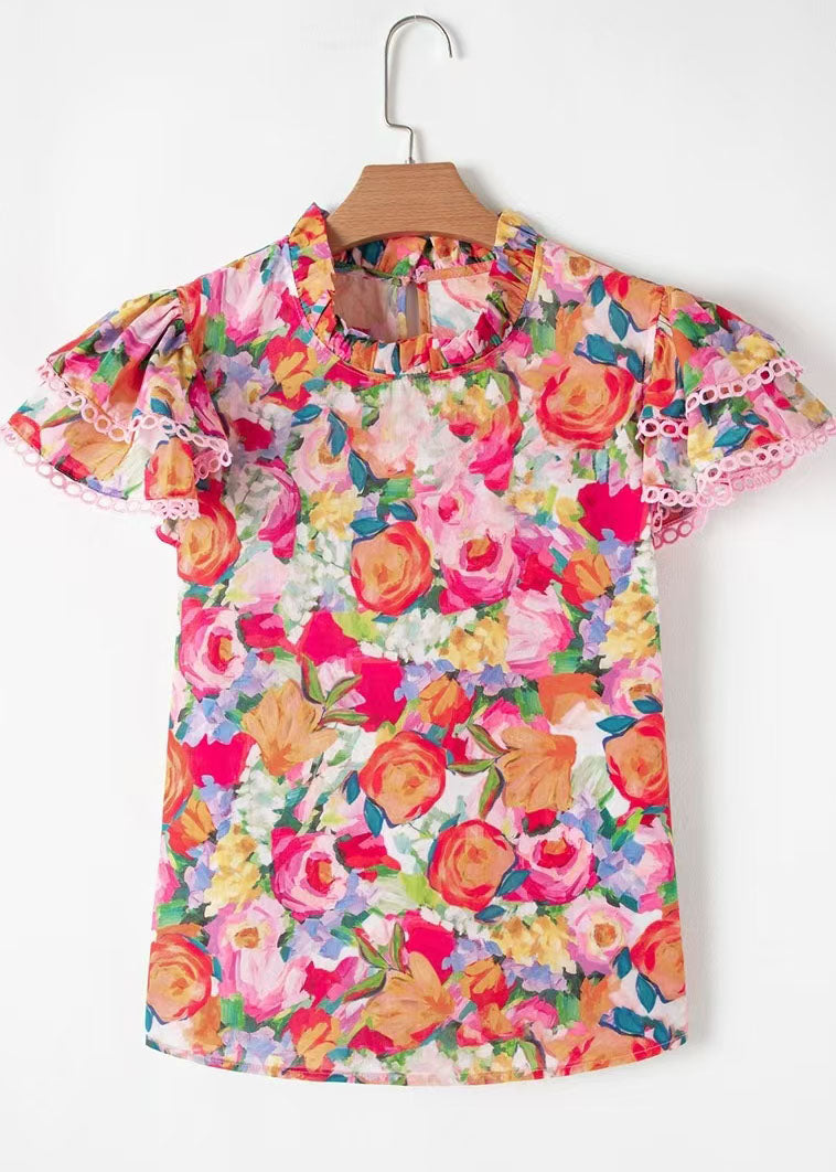 Women's Printed Shirt Stand Collar Butterfly Sleeve 4