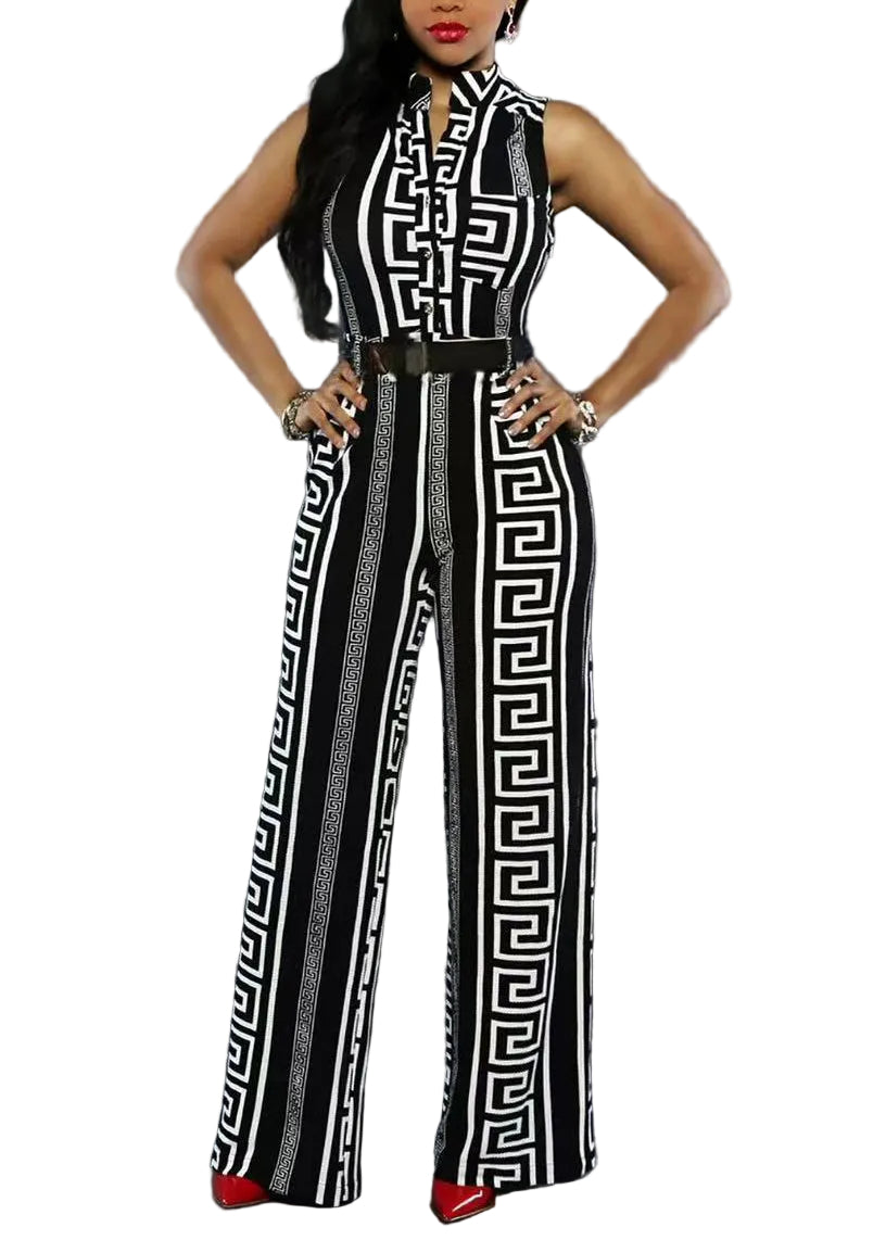 Women's Printed Stand Collar Jumpsuit Modern Style 0