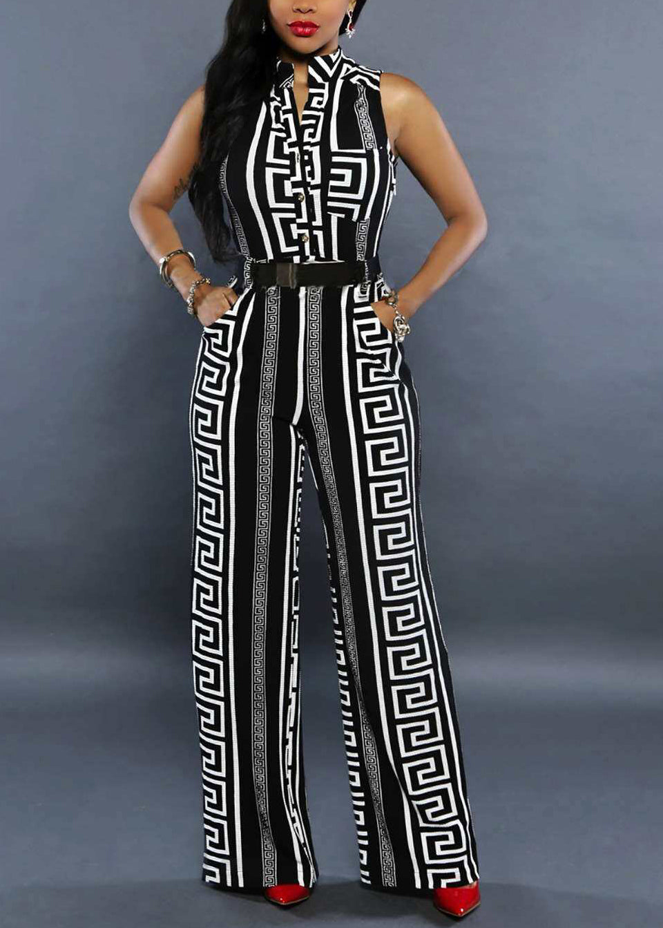 Women's Printed Stand Collar Jumpsuit Modern Style 2