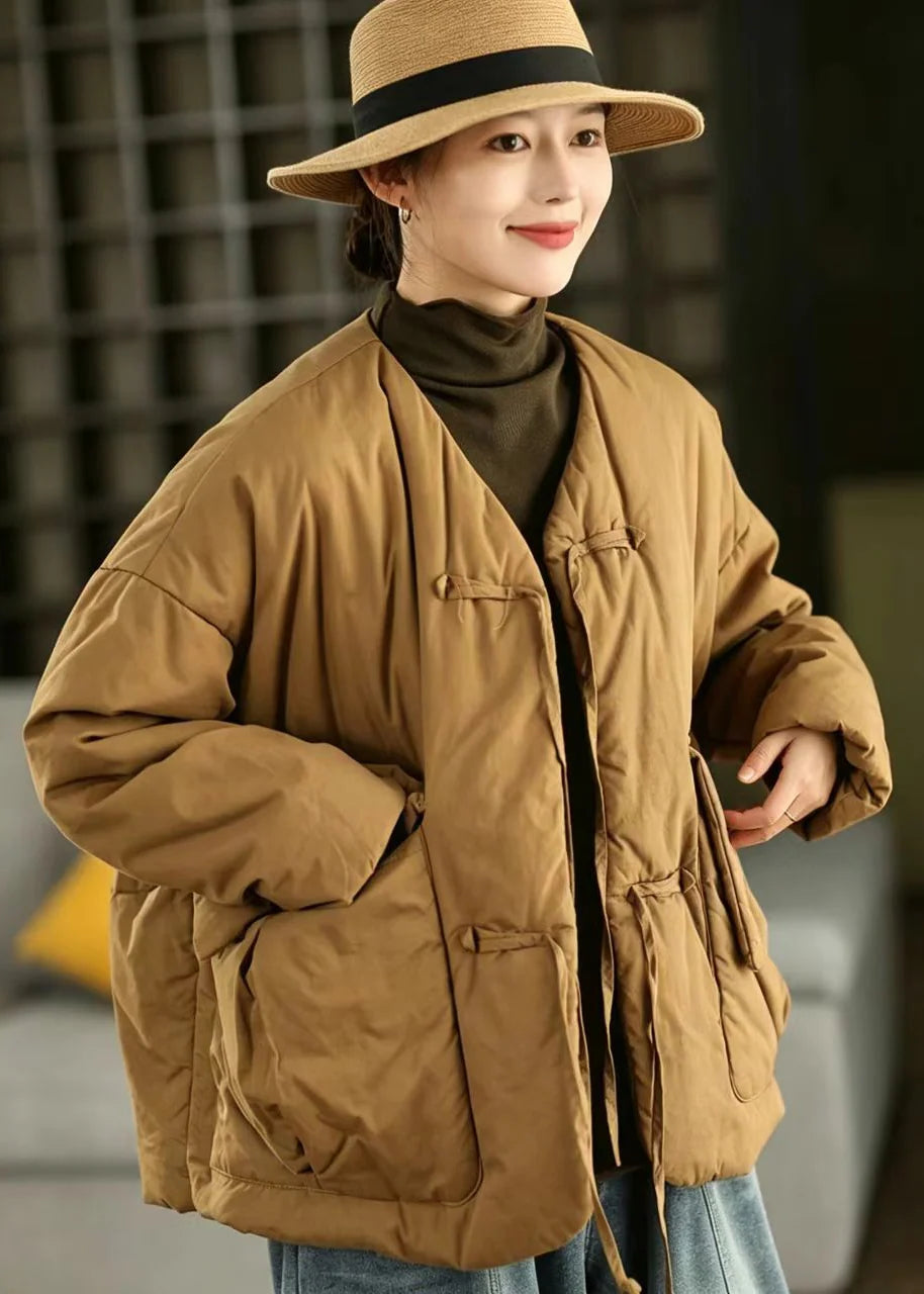 Women's Puffer Jacket Loose Fit V Neck Lace-Up with Pockets 2