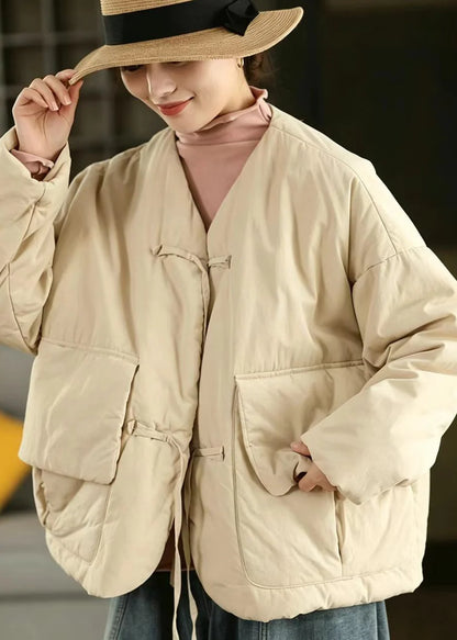 Women's Puffer Jacket Loose Fit V Neck Lace-Up with Pockets 3