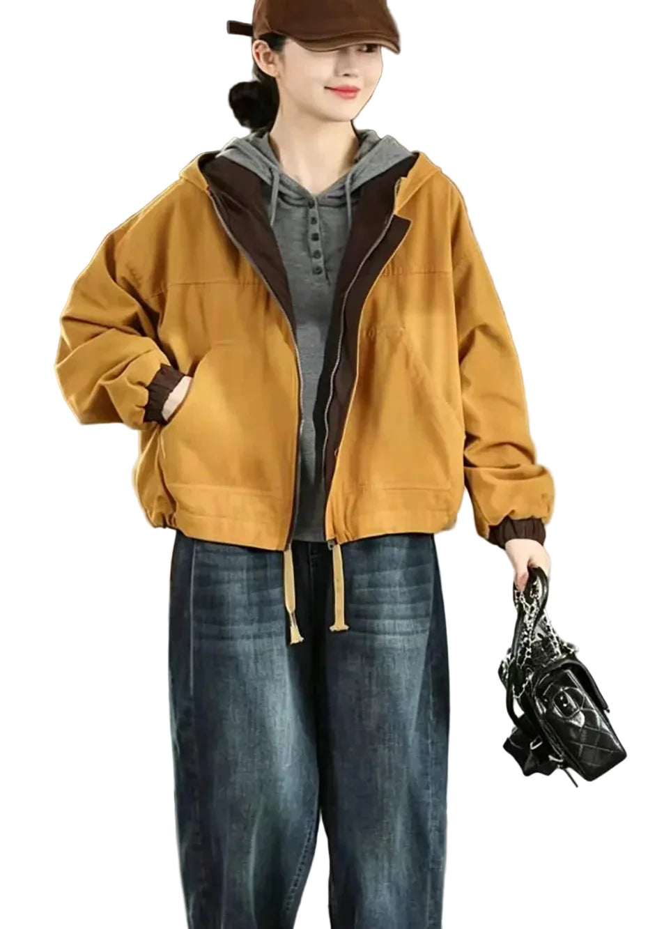 Women's Reversible Hooded Jacket Casual Patchwork Style 0