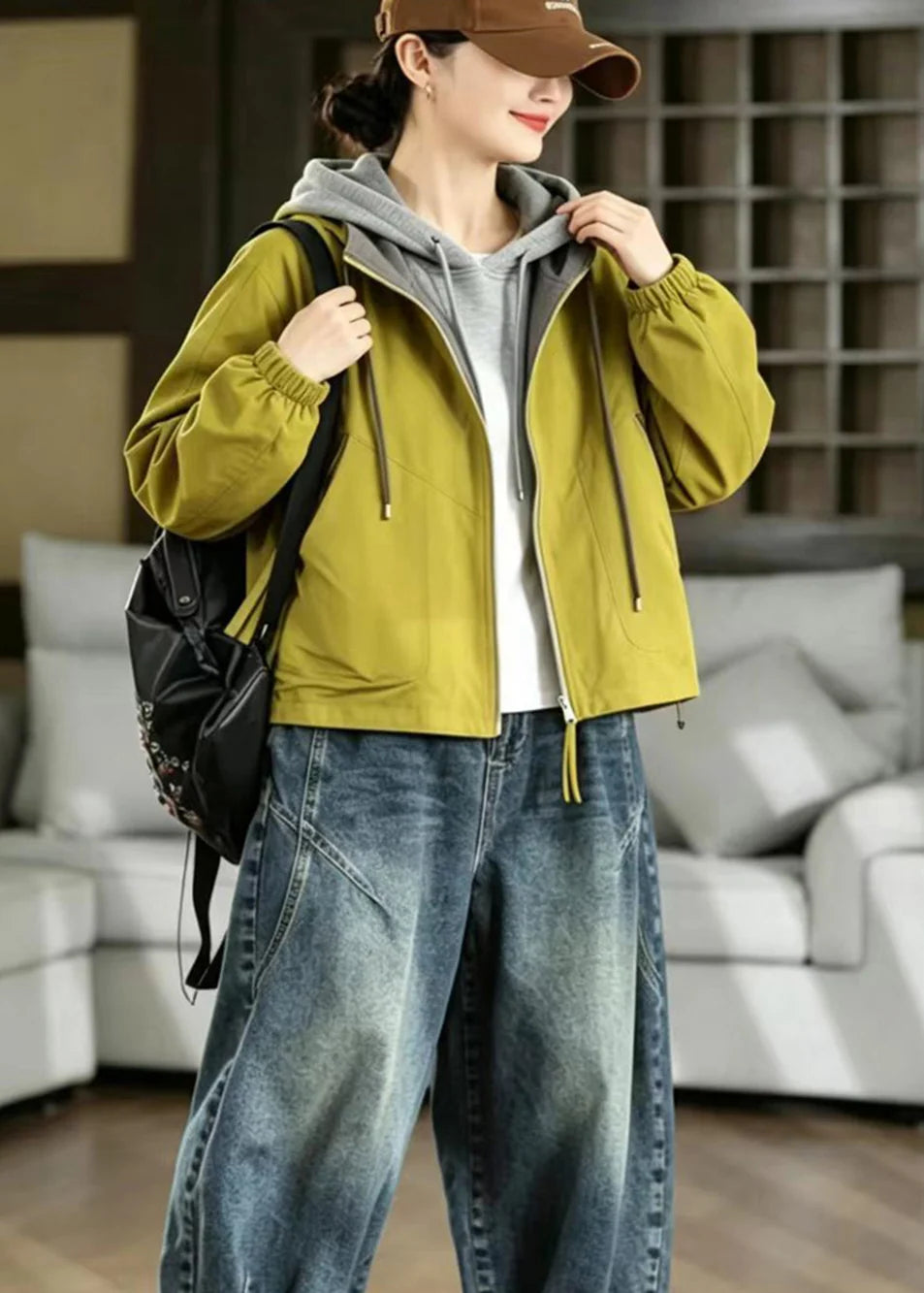 Women's Reversible Hooded Jacket Loose Fit with Drawstring and Pockets 1