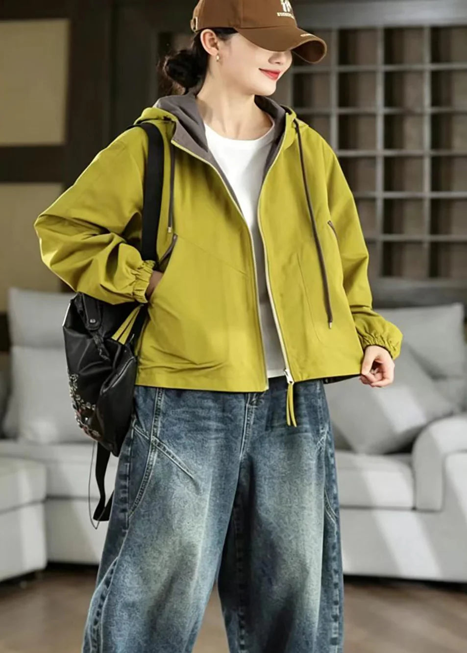 Women's Reversible Hooded Jacket Loose Fit with Drawstring and Pockets 2