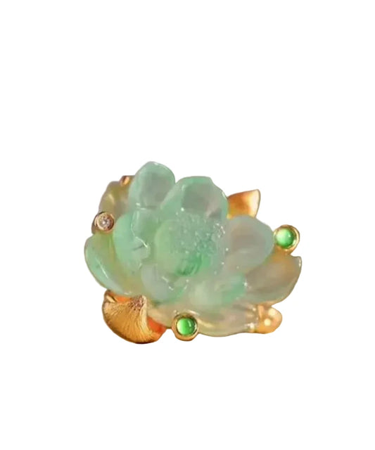 Women's Ring Delicate Lotus Design with Jade Accent 0