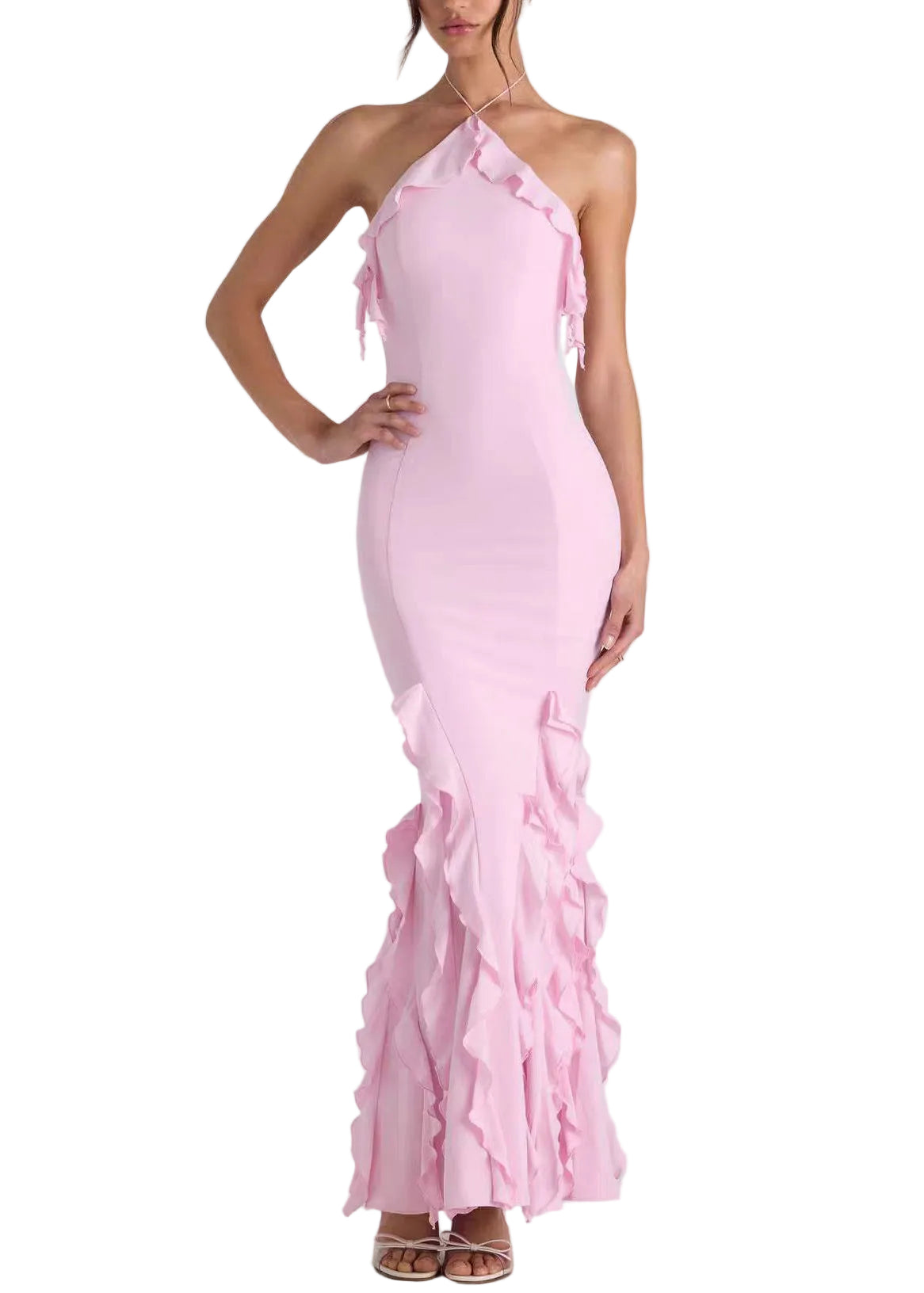 Women's Ruffled Halter Backless Summer Dress 0