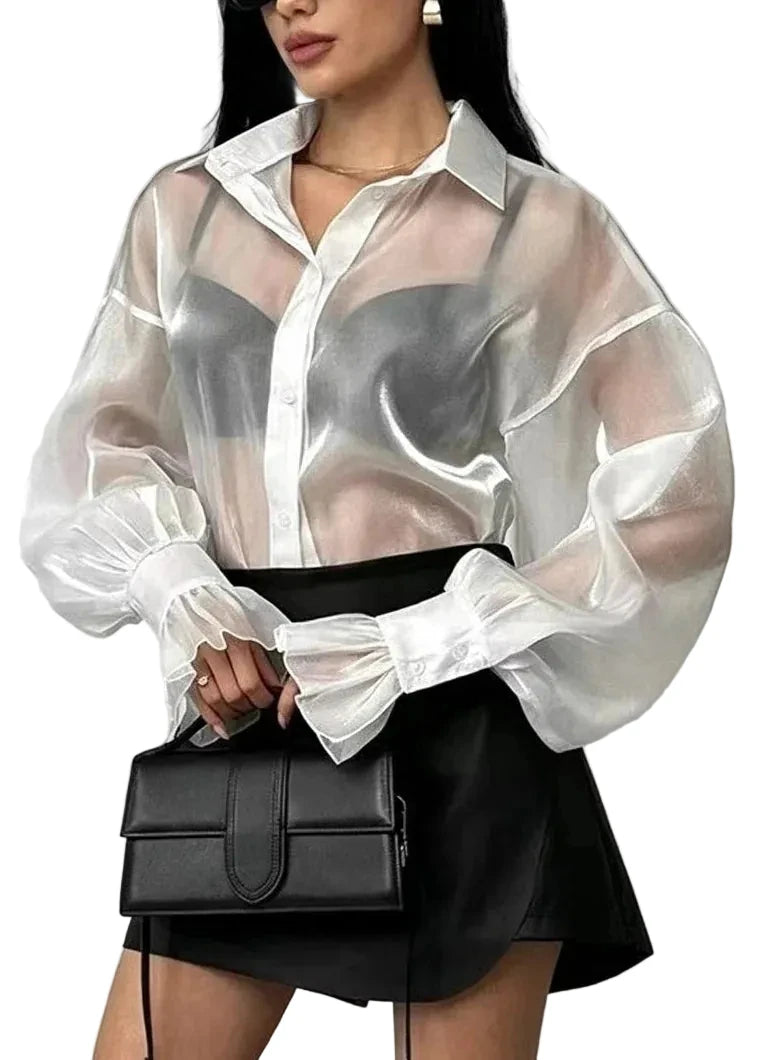 Women's Sheer Mesh Shirt Top Long Sleeve Turn-Down Collar 0