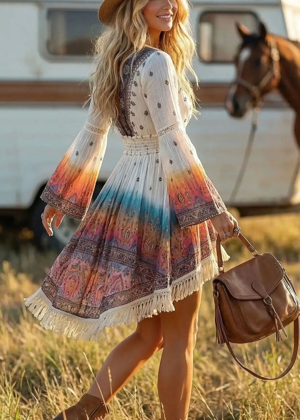 Women's Shift Dress Bohemian Style V Neck with Drawstring Tassels 2