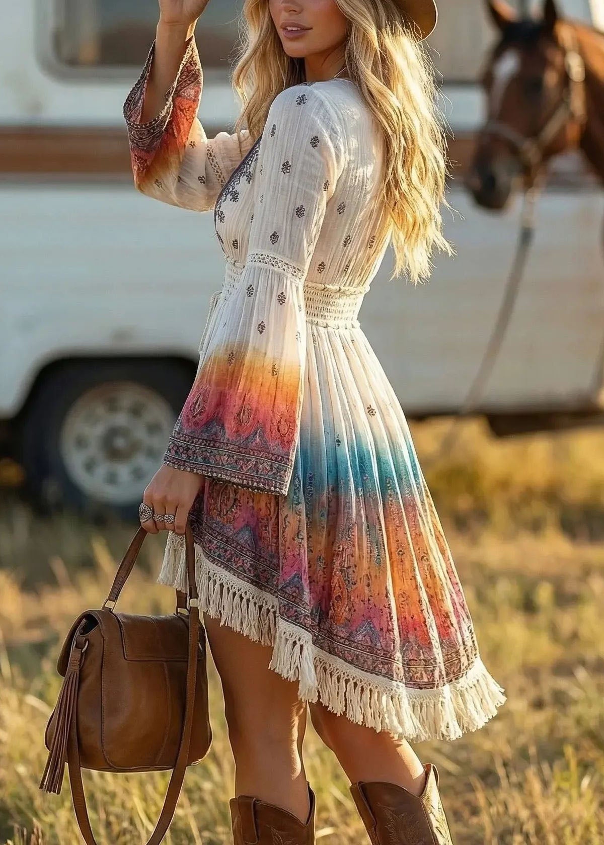 Women's Shift Dress Bohemian Style V Neck with Drawstring Tassels 3