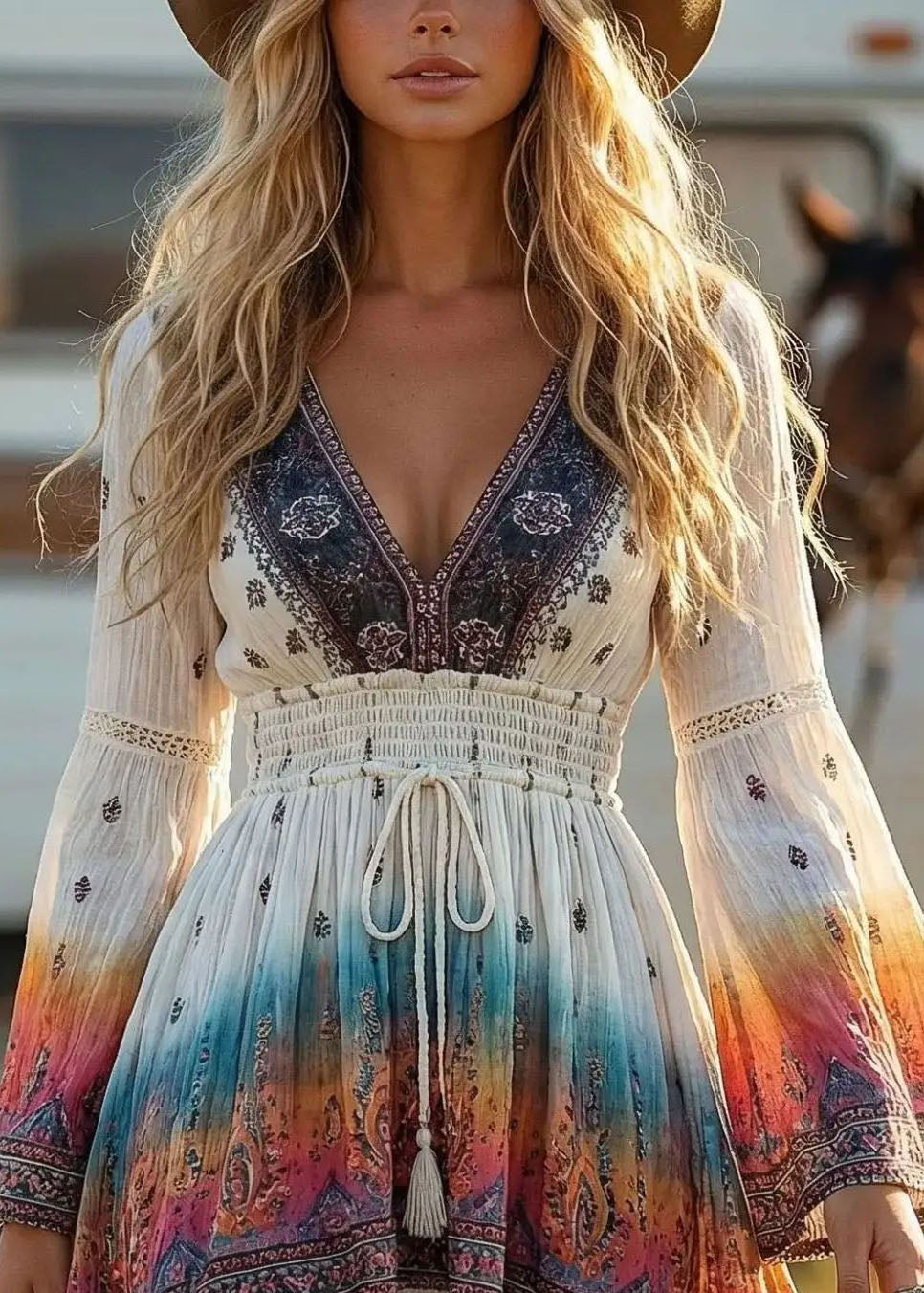Women's Shift Dress Bohemian Style V Neck with Drawstring Tassels 4