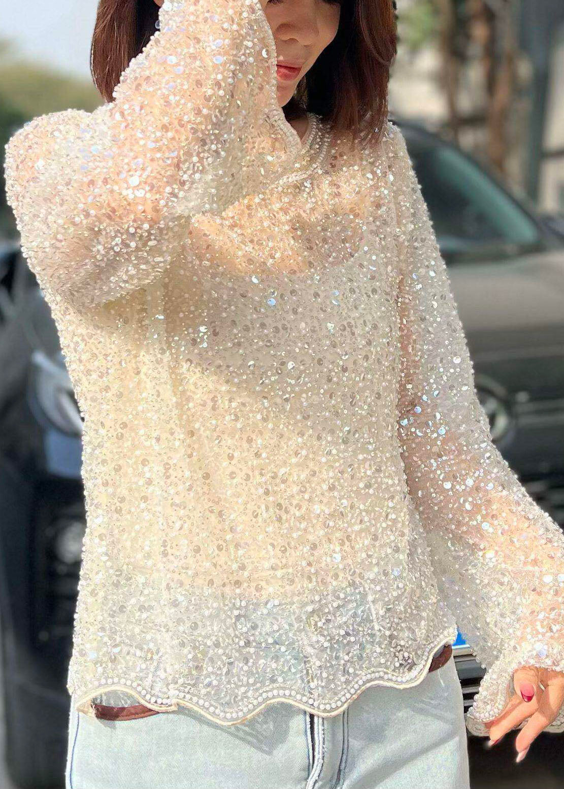 Women's Shirt Flare Sleeve Sequined Tulle Style 2