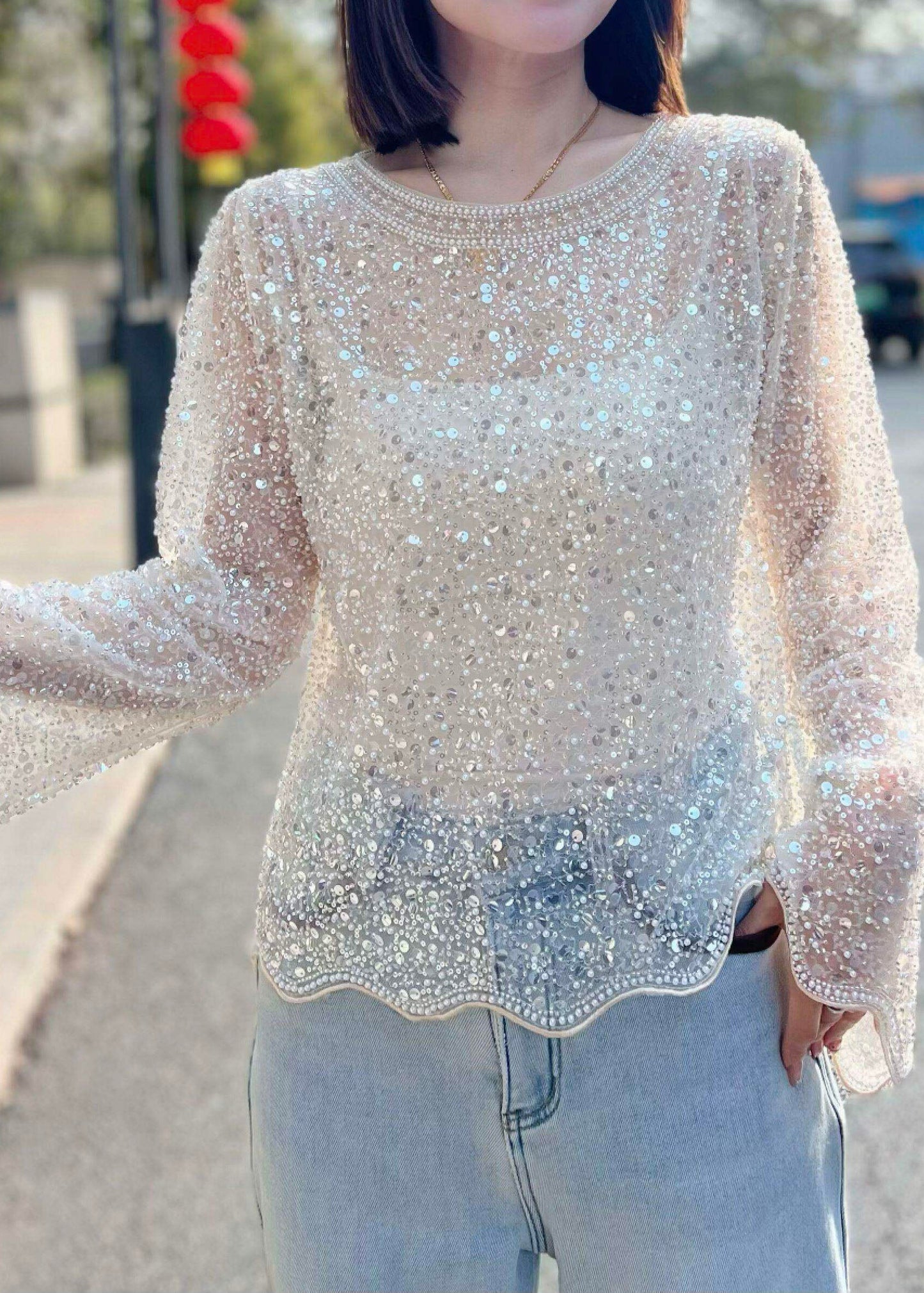 Women's Shirt Flare Sleeve Sequined Tulle Style 3