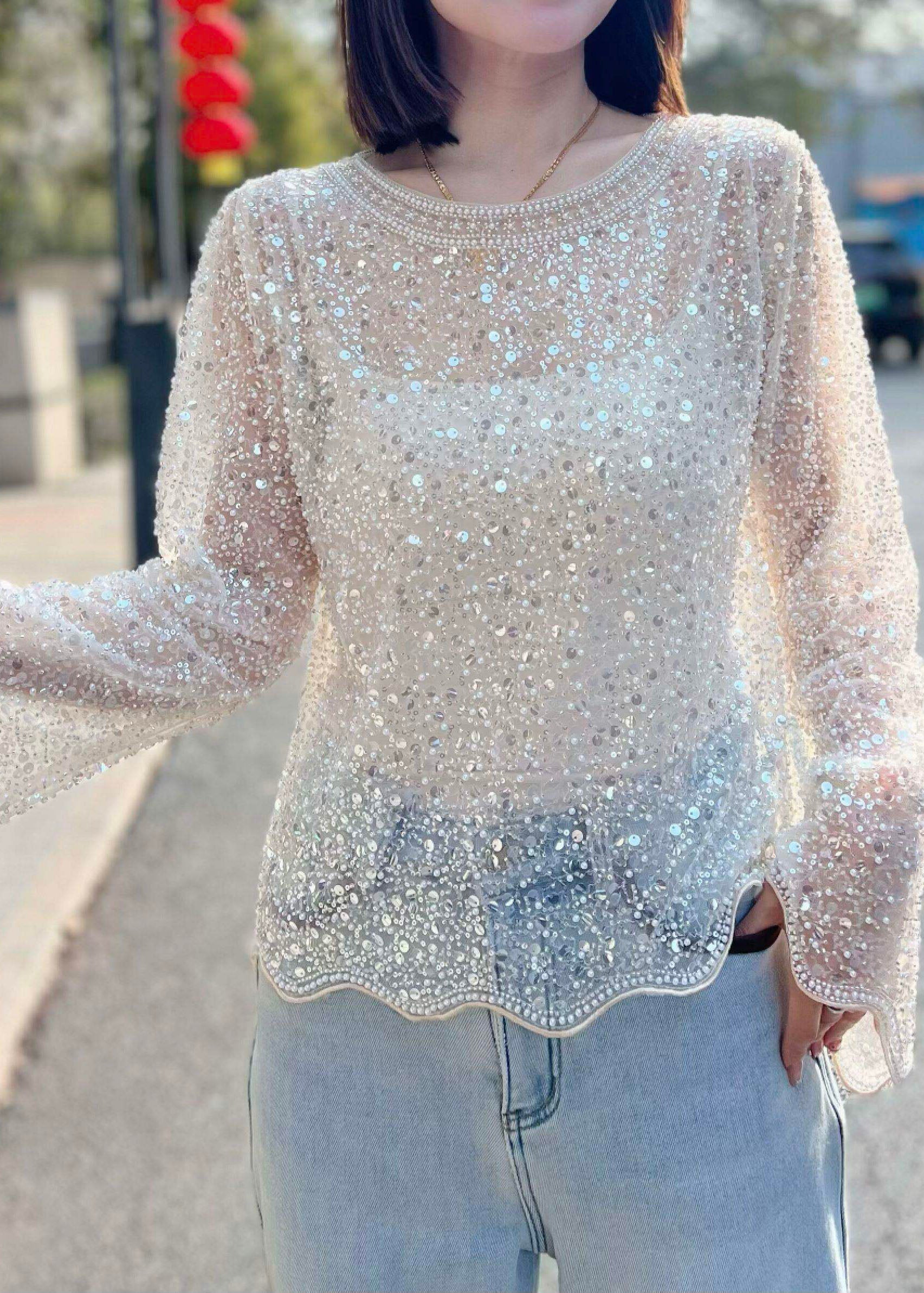 Women's Shirt Flare Sleeve Sequined Tulle Style 3