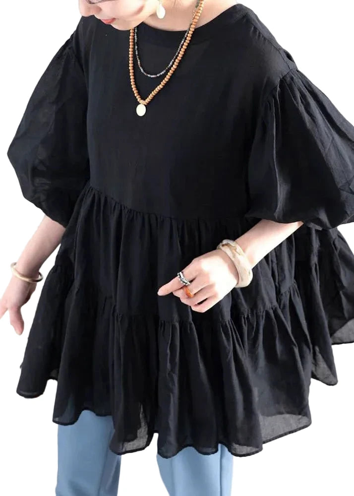 Women's Shirt O-Neck Ruffled Patchwork Lantern Sleeve 0