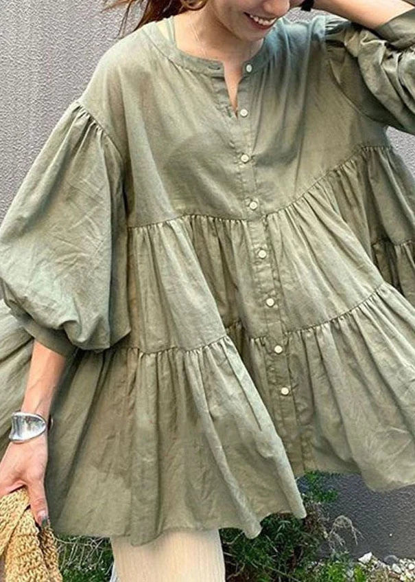 Women's Shirt O-Neck Ruffled Patchwork Lantern Sleeve 1