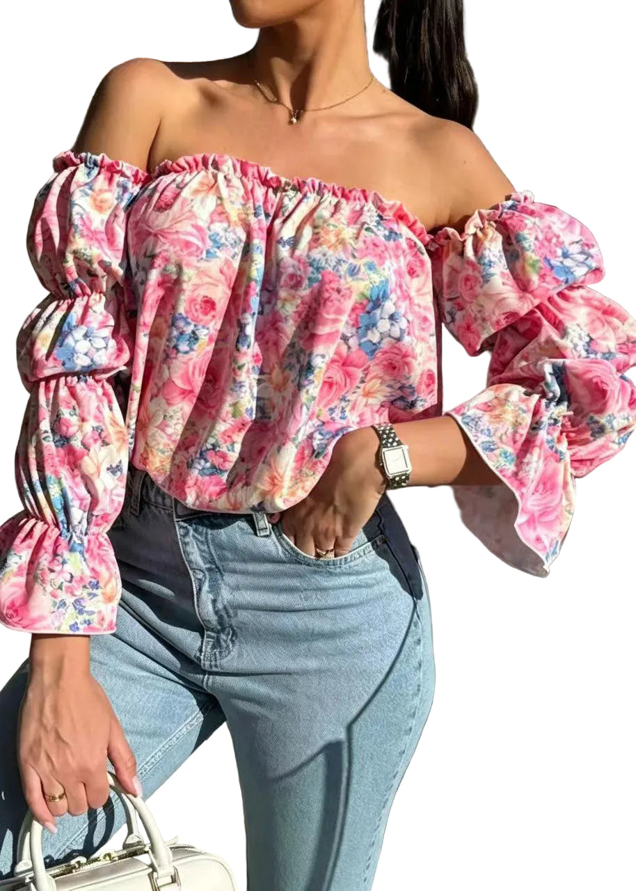 Women's Shirt Slash Neck Puff Sleeve Print 0