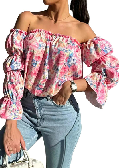 Women's Shirt Slash Neck Puff Sleeve Print 0