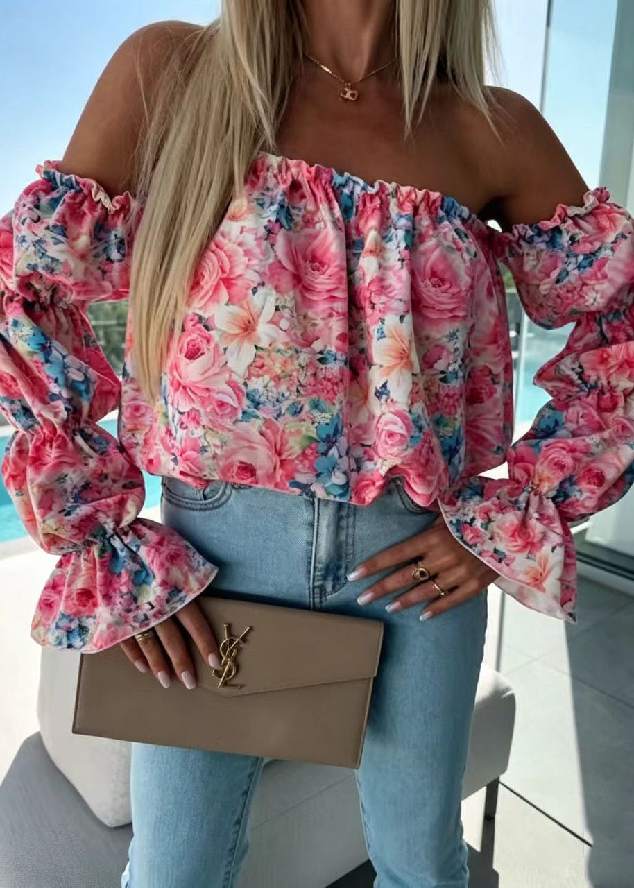Women's Shirt Slash Neck Puff Sleeve Print 1