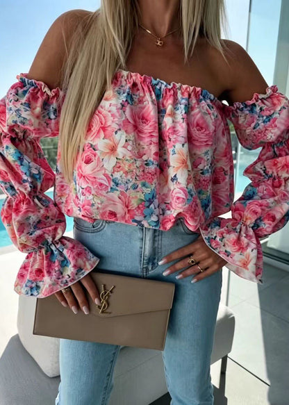 Women's Shirt Slash Neck Puff Sleeve Print 1