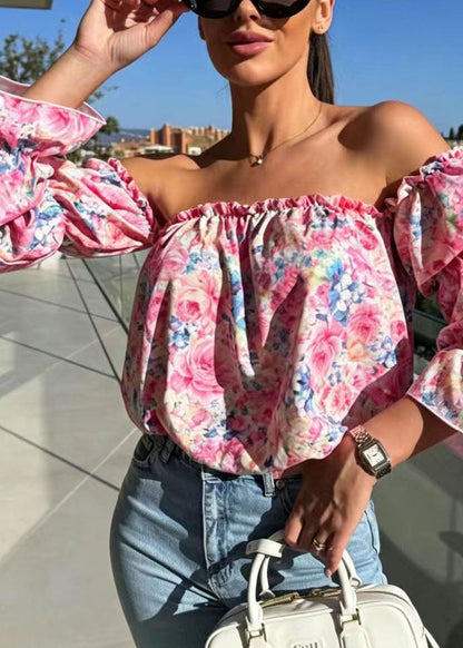 Women's Shirt Slash Neck Puff Sleeve Print 2