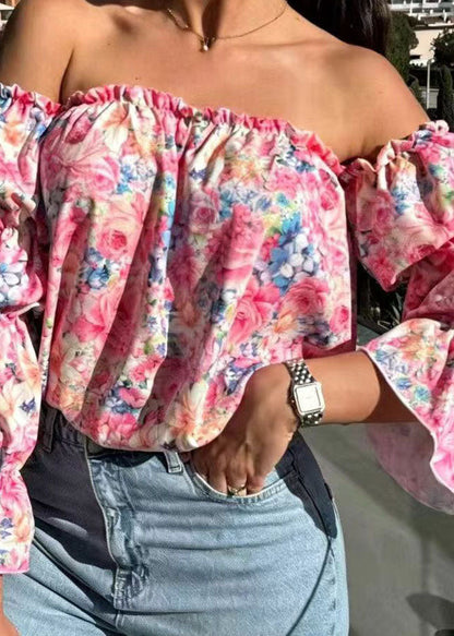 Women's Shirt Slash Neck Puff Sleeve Print 3