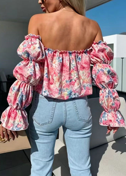 Women's Shirt Slash Neck Puff Sleeve Print 4