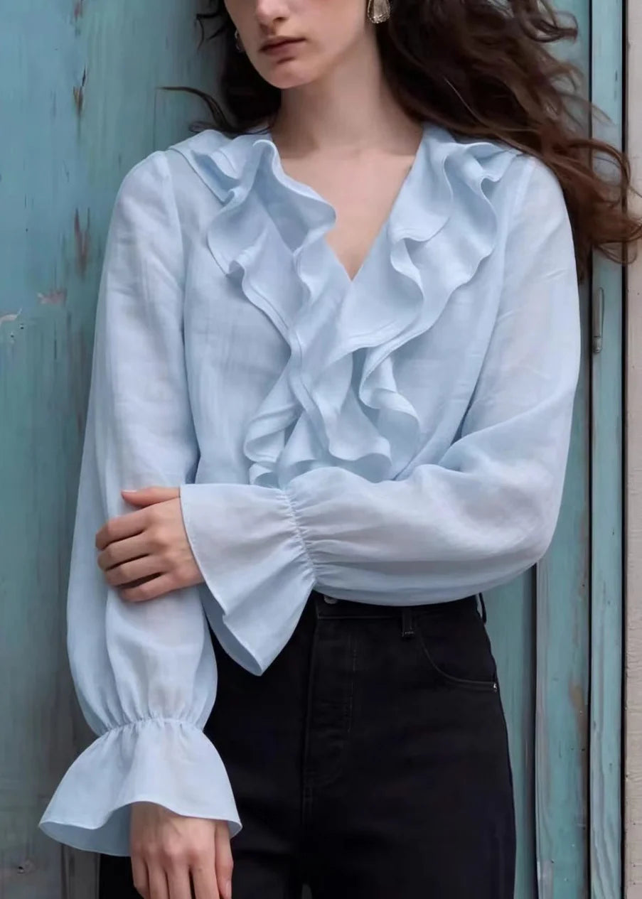 Women's Shirt Top Boho V Neck Ruffled Lantern Sleeve 1