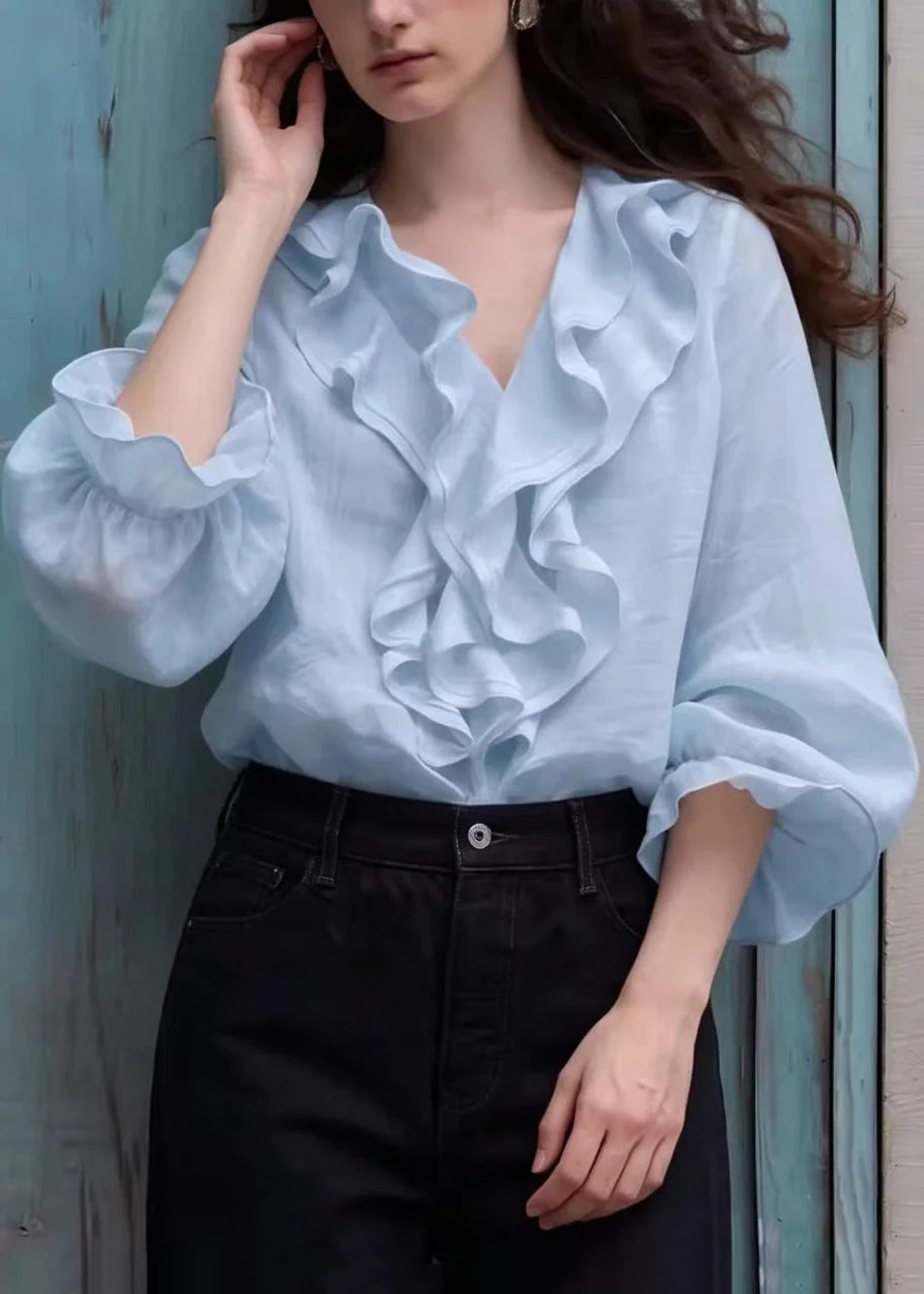 Women's Shirt Top Boho V Neck Ruffled Lantern Sleeve 2