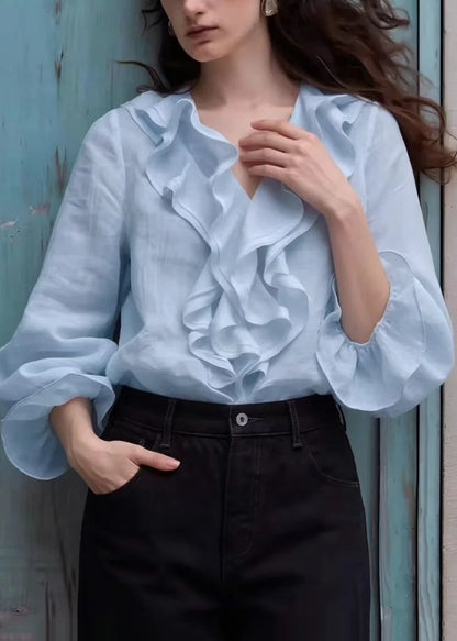 Women's Shirt Top Boho V Neck Ruffled Lantern Sleeve 3