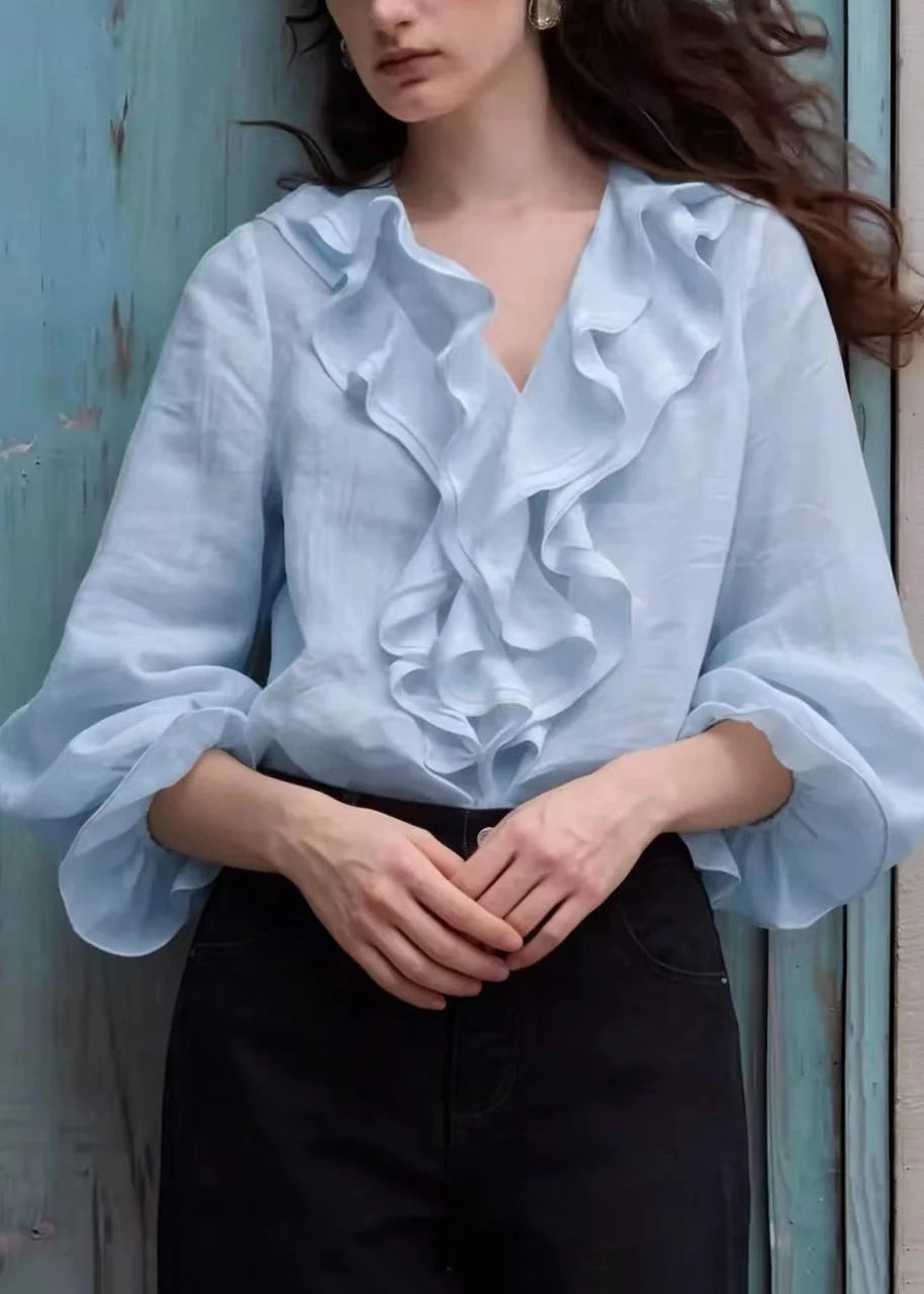 Women's Shirt Top Boho V Neck Ruffled Lantern Sleeve 4