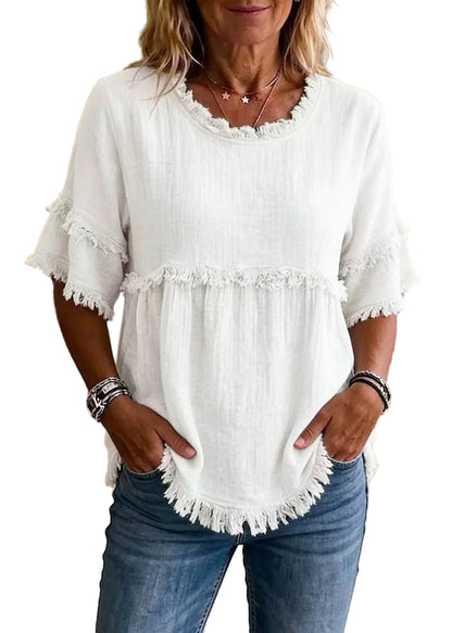 Women's Shirt Top O-Neck Tassel Summer Style 0