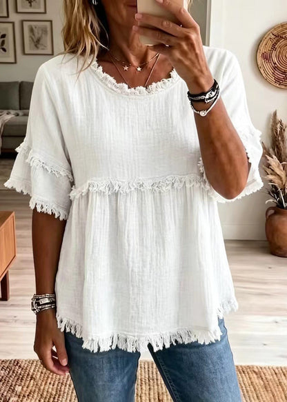 Women's Shirt Top O-Neck Tassel Summer Style 1