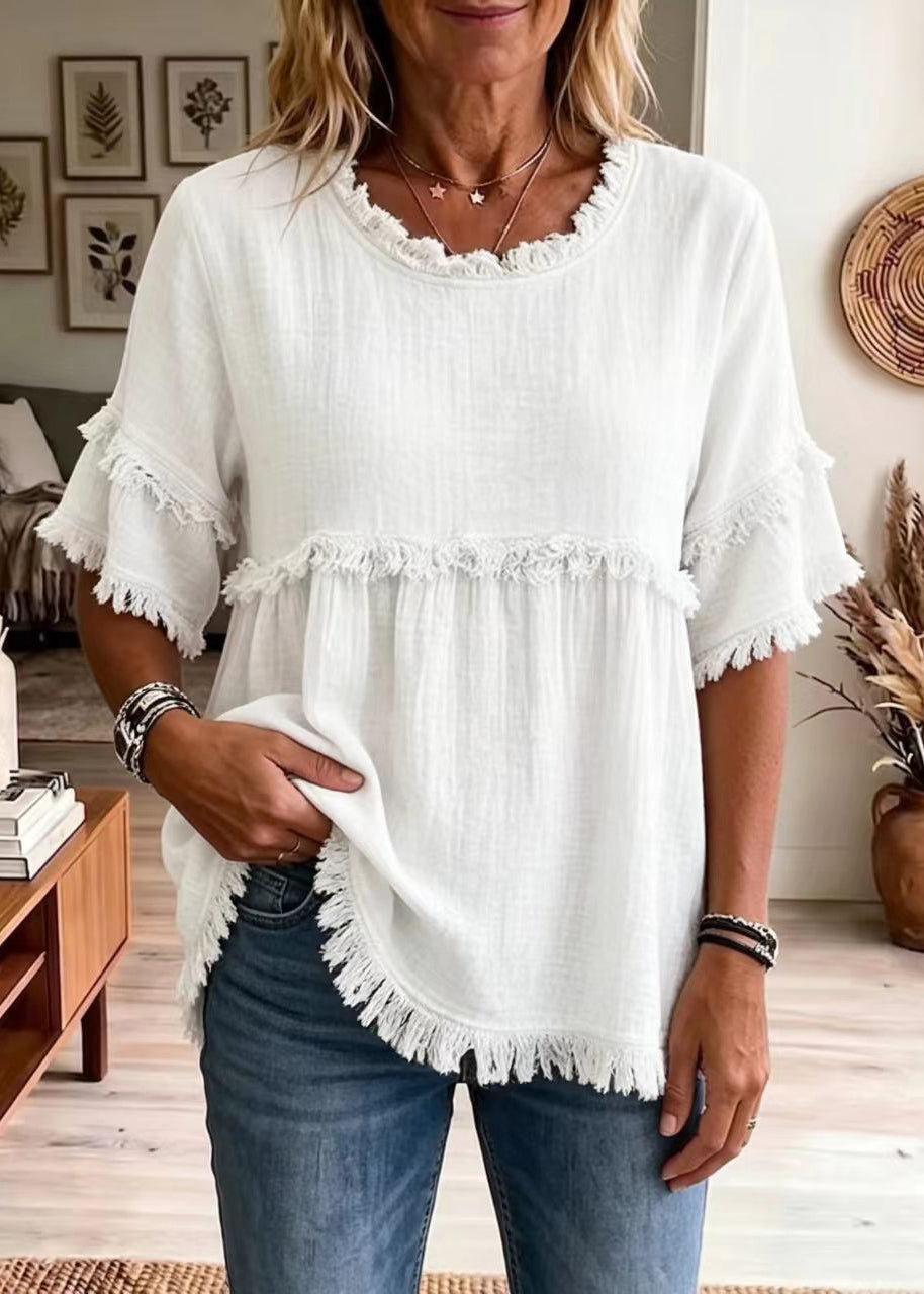 Women's Shirt Top O-Neck Tassel Summer Style 2