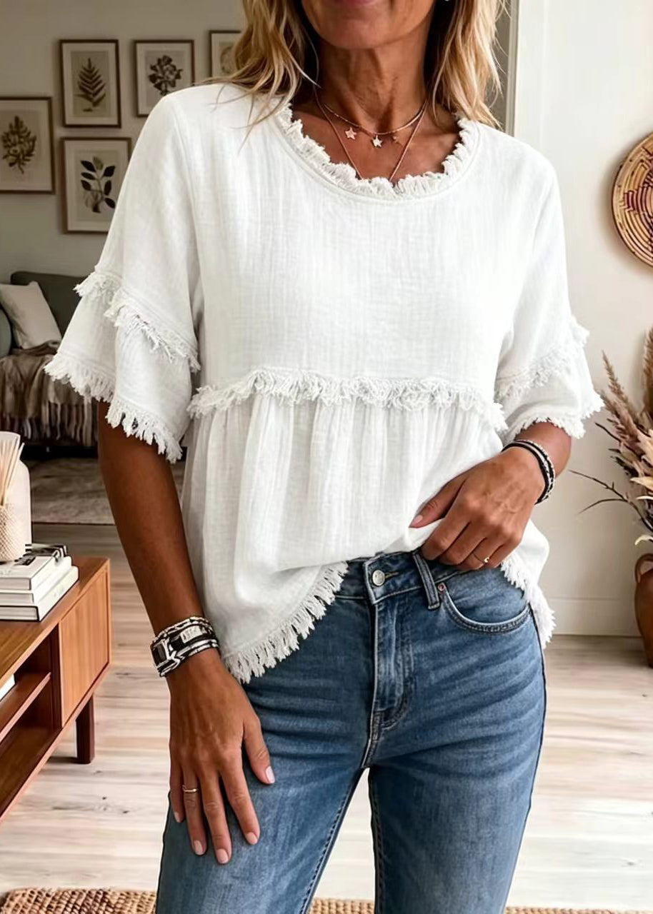 Women's Shirt Top O-Neck Tassel Summer Style 3