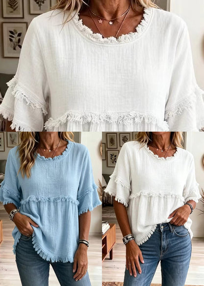 Women's Shirt Top O-Neck Tassel Summer Style 4