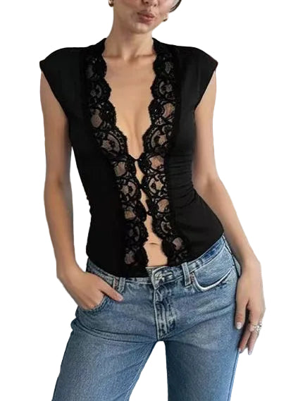 Women's Shirt Top Patchwork Lace Button Detail 0