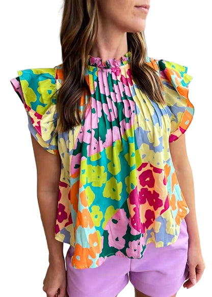 Women's Shirt Top Rainbow Wrinkled Print Butterfly Sleeve 0