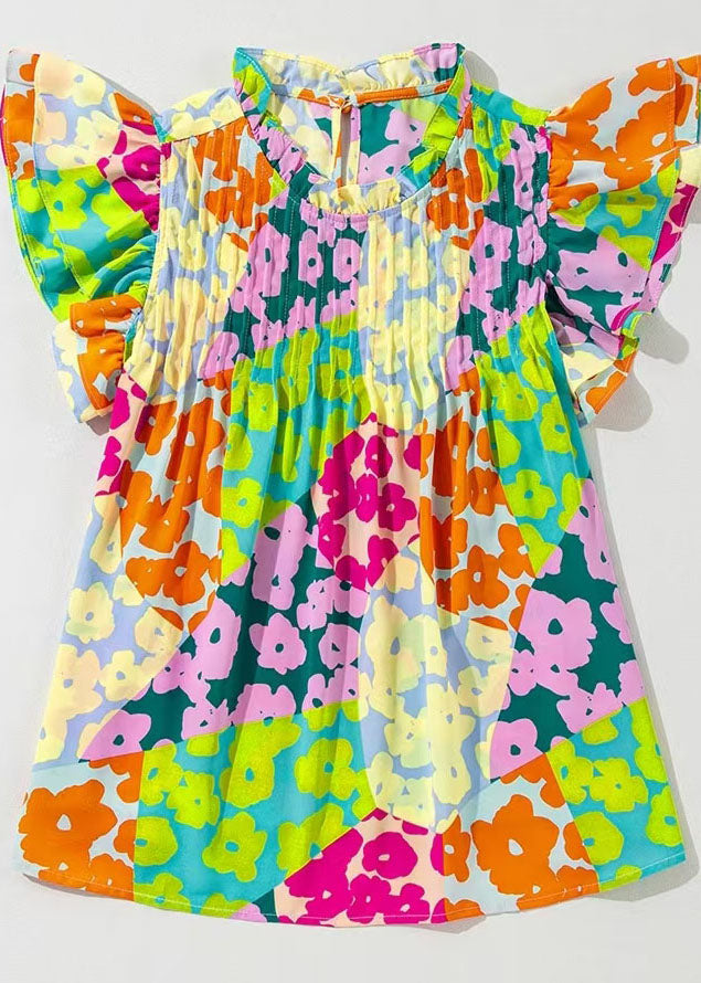 Women's Shirt Top Rainbow Wrinkled Print Butterfly Sleeve 1