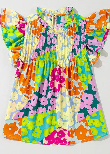 Women's Shirt Top Rainbow Wrinkled Print Butterfly Sleeve 1