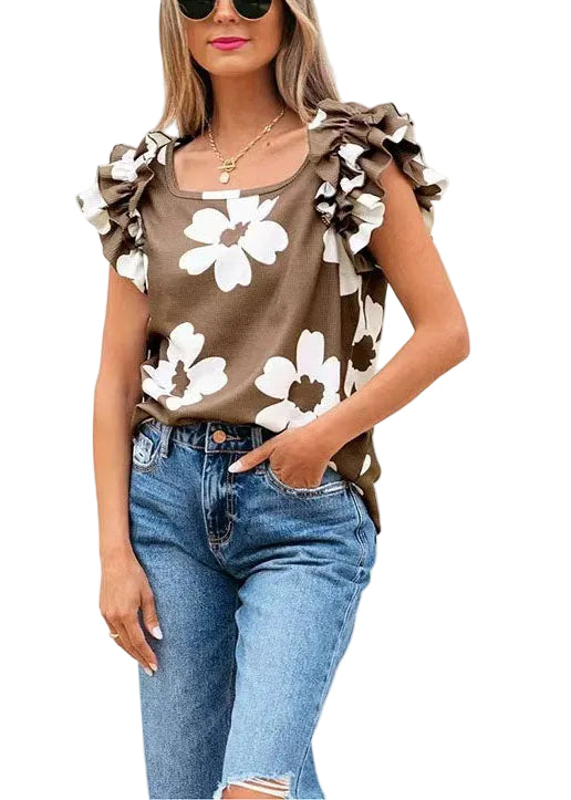 Women's Shirt Top Square Collar Printed Summer Style 0