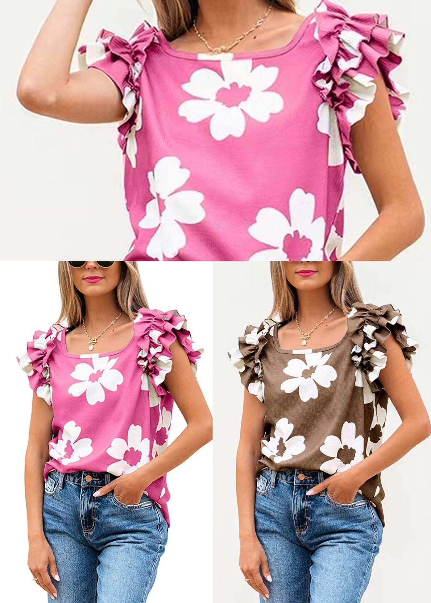 Women's Shirt Top Square Collar Printed Summer Style 4