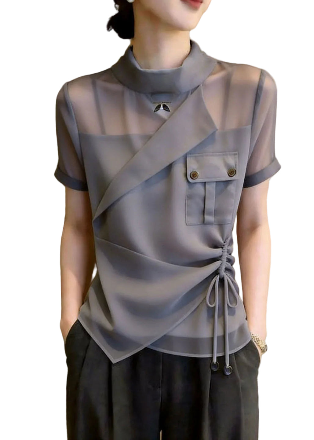 Women's Shirt Top Stand Collar Asymmetrical Design Drawstring 0