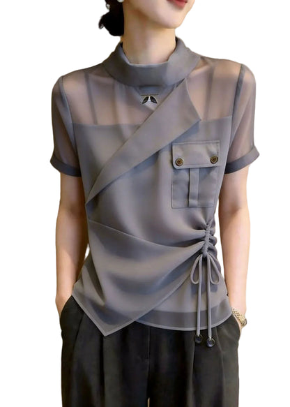 Women's Shirt Top Stand Collar Asymmetrical Design Drawstring 0