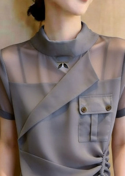 Women's Shirt Top Stand Collar Asymmetrical Design Drawstring 1