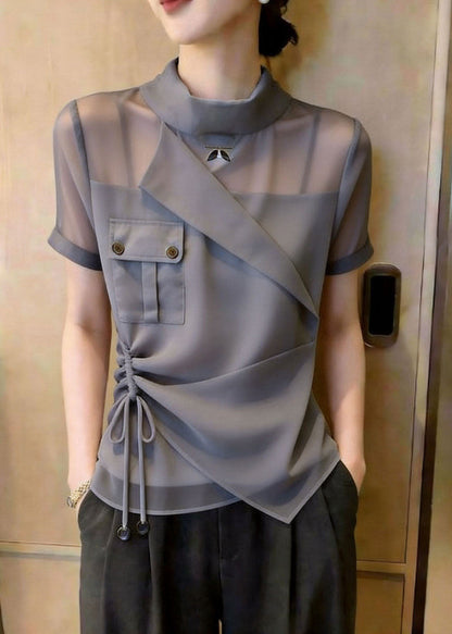 Women's Shirt Top Stand Collar Asymmetrical Design Drawstring 2