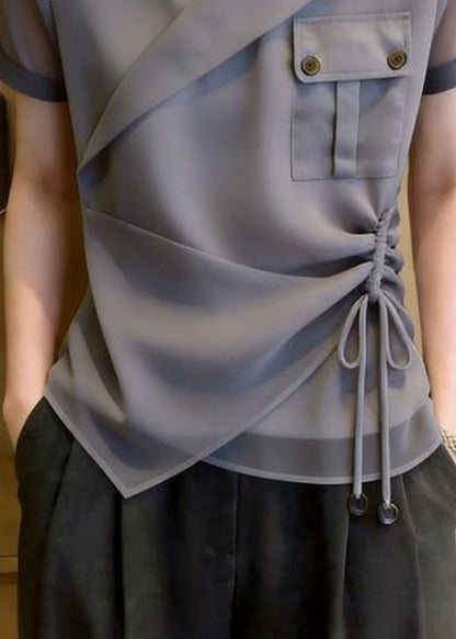 Women's Shirt Top Stand Collar Asymmetrical Design Drawstring 3